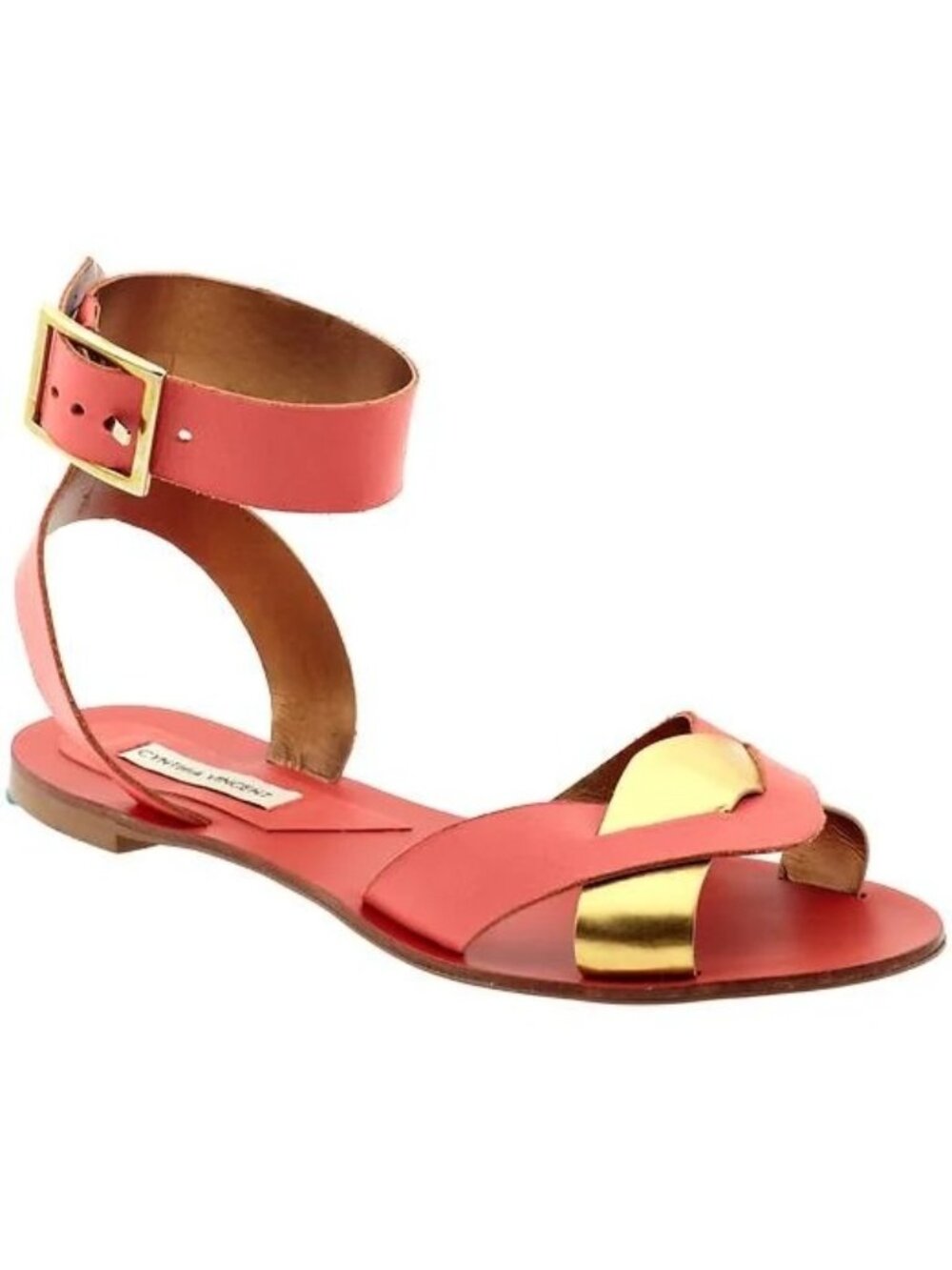 Cynthia Vincent Coral & Gold Flat Sandals With Ankle Straps
